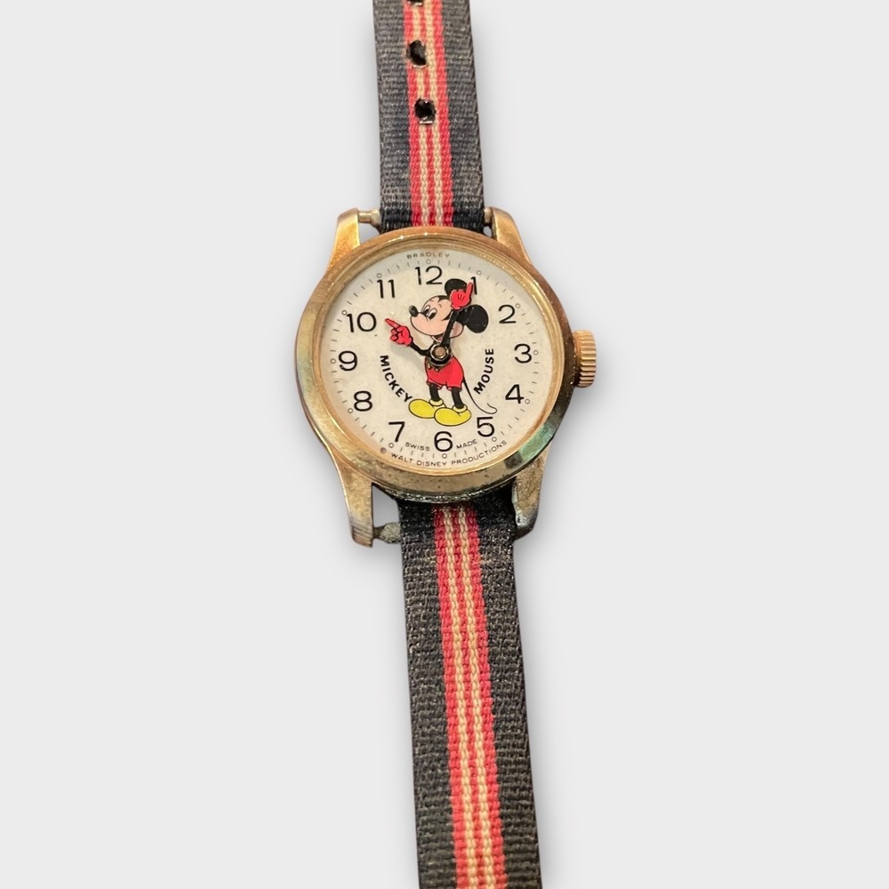 Vintage Bradley Mickey Mouse Watch 1975 Swiss Made Gold Tone Striped‎ Band
